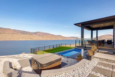 A swimming pool with a view of Kamloops Lake