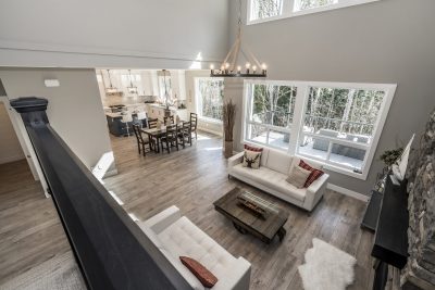 top view of living room and dining area